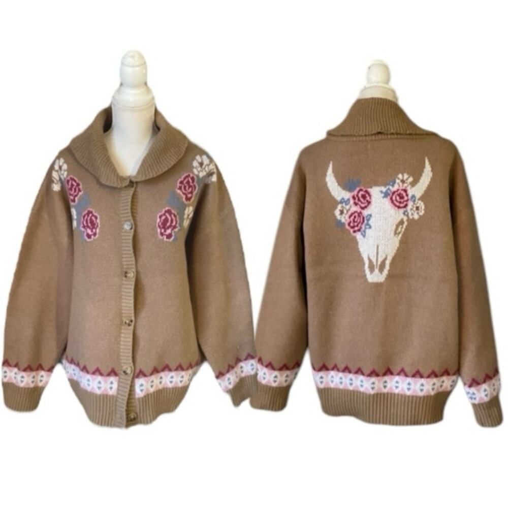 Savanna Jane Tan Cardigan with Floral Skull Design